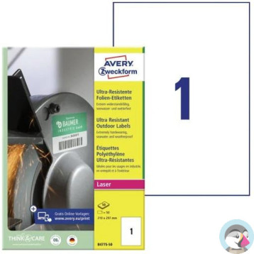 Etykiety A4 foliowe (50 arkuszy) 210x297mm ULTRA RESISTANT B4775-50 AVERY ZWECKFORM