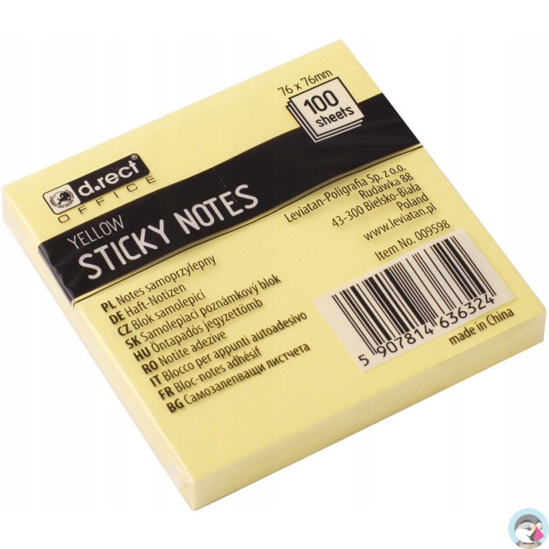 Bloczek samoprzylepny 76x76mm 100k żółty D.RECT (009598)