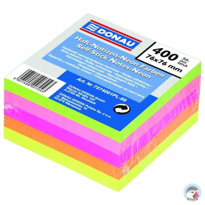 Bloczek samoprzylepny 76x76mm 400k neonowy 5 kolorów DONAU 7574001PL-99