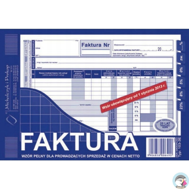 103-3E Faktura VAT netto (pełna) A5 oryginał+kopia Michalczyk i Prokop