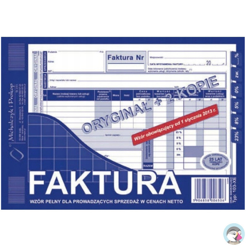 103-XE Faktura VAT A5 80kartek oryginał + 2kopie MICHALCZYK i PROKOP