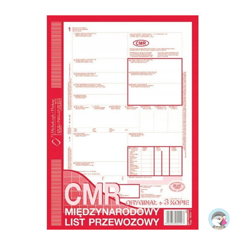 800-1N CMR A4 80kartek 1+3 numerowany międzynarodowy list przewozowy M&P