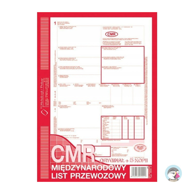 800-3N CMR A4 78kartek 1+5 numerowany międzynarodowy list przewozowy M&P