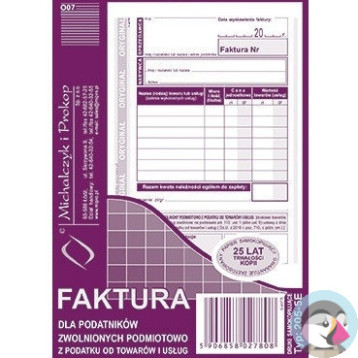 205-5E Faktura dla podatników zwolnionych z VAT A6 (o+1k) MICHALCZYK