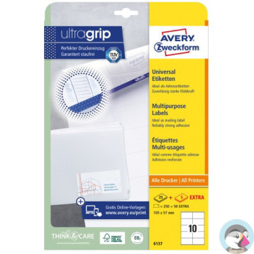 Etykiety białe ULTRAGRIP 105x57mm (25 arkuszy||250 etykiet) 6137 AVERY ZWECKFORM