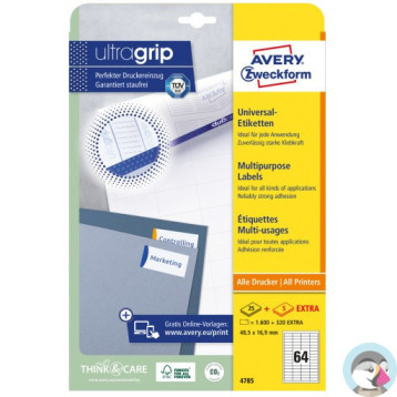 Etykiety białe ULTRA GRIP 48,5x16,9mm (25arkuszy || 1600 atykiet) 4785 AVERY ZWECKFORM