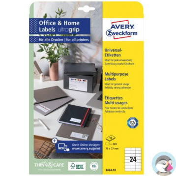 Etykiety białe ULTRAGRIP 70x37mm (10 arkuszy || 240 etykiet) 3474-10 AVERY ZWECKFORM