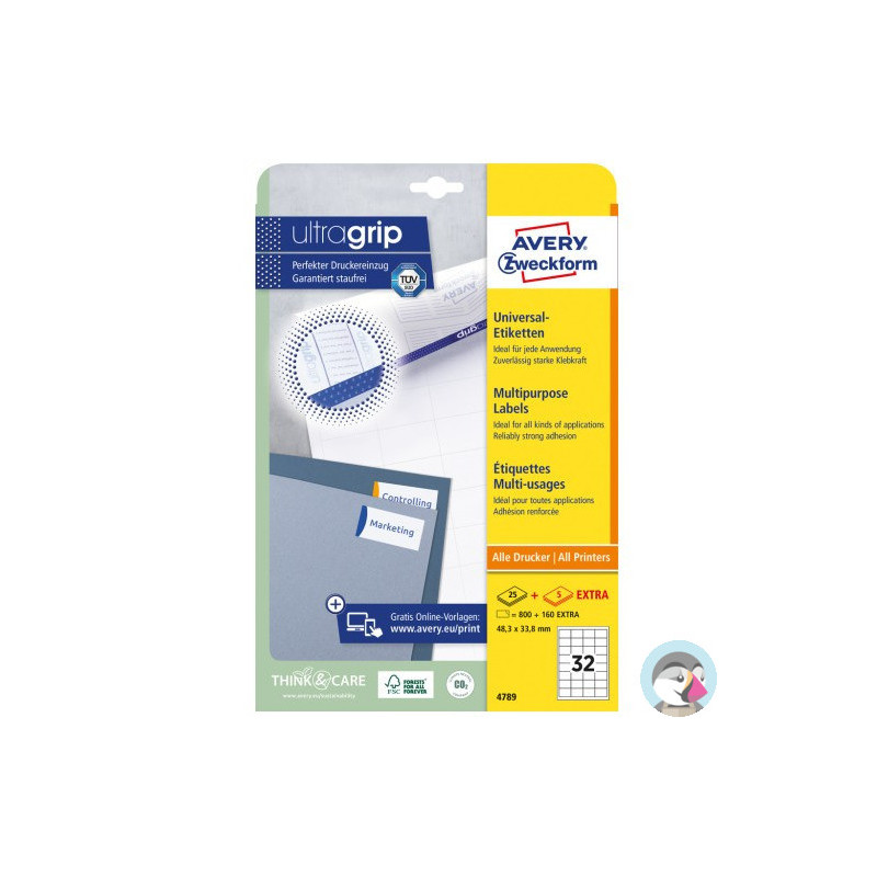 Etykiety białe ULTRAGRIP 48,3x33,8mm (25 arkuszy || 800 etykiet) 4789 AVERY ZWECKFORM