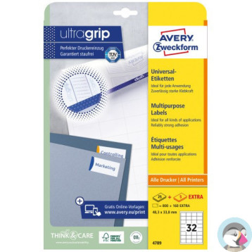 Etykiety białe ULTRAGRIP 48,3x33,8mm (25 arkuszy || 800 etykiet) 4789 AVERY ZWECKFORM