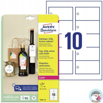 Zawieszki kartonowe (10 arkuszy) 90x50mm prostokątne Quick&Clean T2001-10 AVERY ZWECKFORM