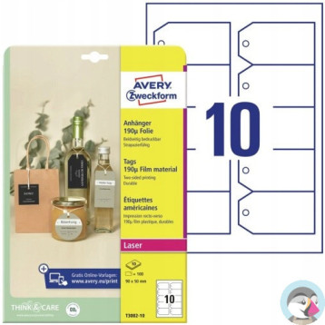 Zawieszki foliowe (10 arkuszy) 90x50mm ścięte narożniki Quick&Clean T3002-10 AVERY ZWECKFORM