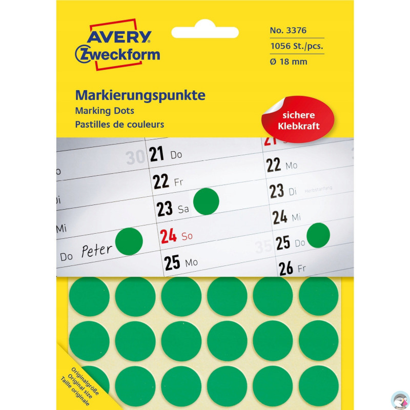 Etykieta kółka Q18mm zielone1056szt. 3376 AVERY ZWECKFORM