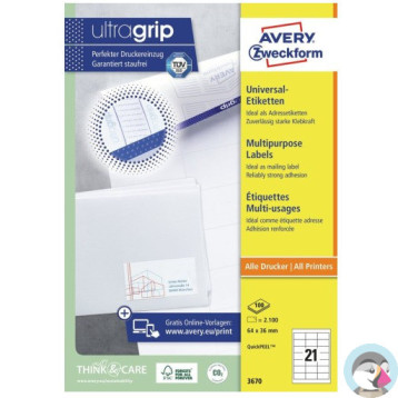 Etykieta A4 białe (100 arkuszy) 64x36mm 3670 ULTRA GRIP AVERY ZWECKFORM