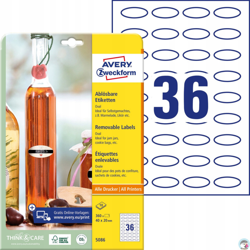 Usuwalne etykiety na przetwory A4 10 ark. 40 x 20 owalne białe 5086 AVERY ZWECKFORM