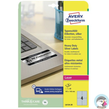 Etykiety A4 znamionowe srebrne 105x148mm (20ark) L6134-20 AVERY ZWECKFORM