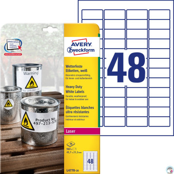 Etykiety poliester 45,7x21,2mm (20 arkuszy || 960 etykiet) L4778-20 AVERY ZWECKFORM