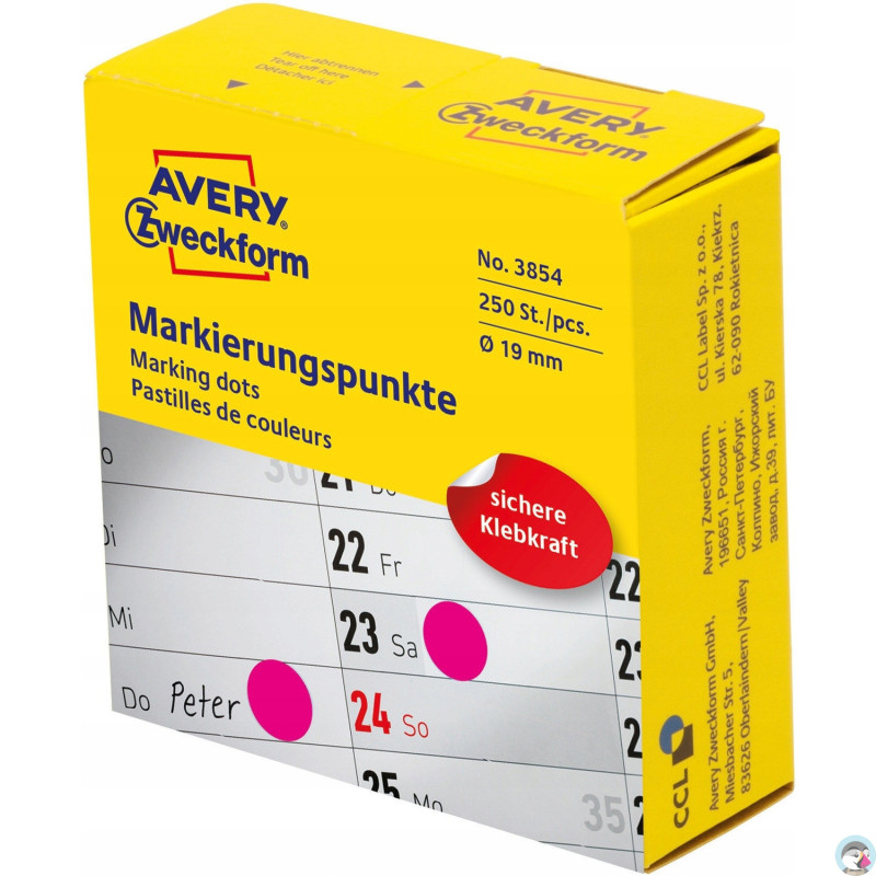 Kółka w dyspenserze trwałe 250szt. 19mm różowe 3854 AVERY ZWECKFORM