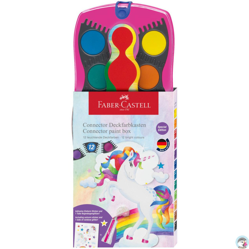 Farby szkolne akwarelowe 12 kolorów + brokat + naklejki, różowa kasetka 125002 FABER-CASTELL