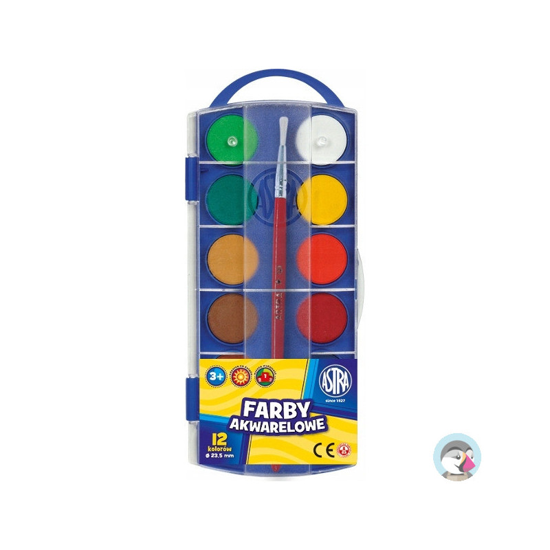 Farby akwarelowe szkolne zestaw 12 kolorów + pędzelek 832169050 ASTRA