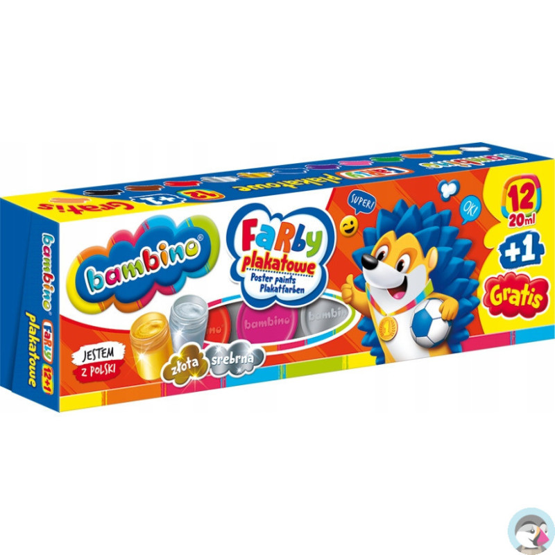 Farby plakatowe dla dzieci Zestaw 12 kolorów x 20ml + 1 farba cielista gratis BAMBINO