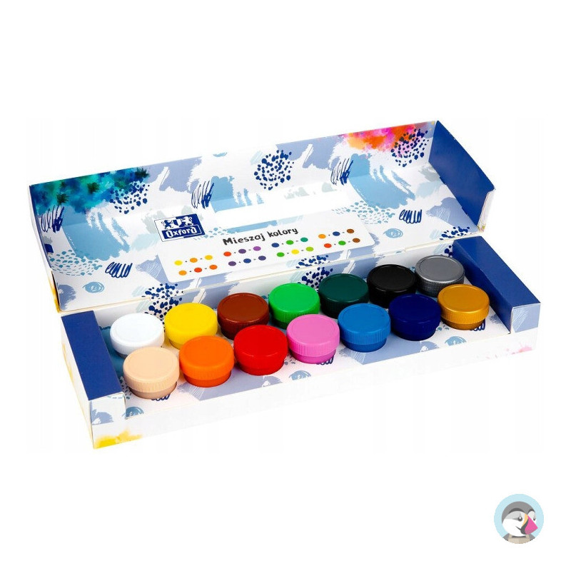 Farby plakatowe szkolne 12 kolorów + 2 gratis srebrna złota 20ml 400167100 OXFORD