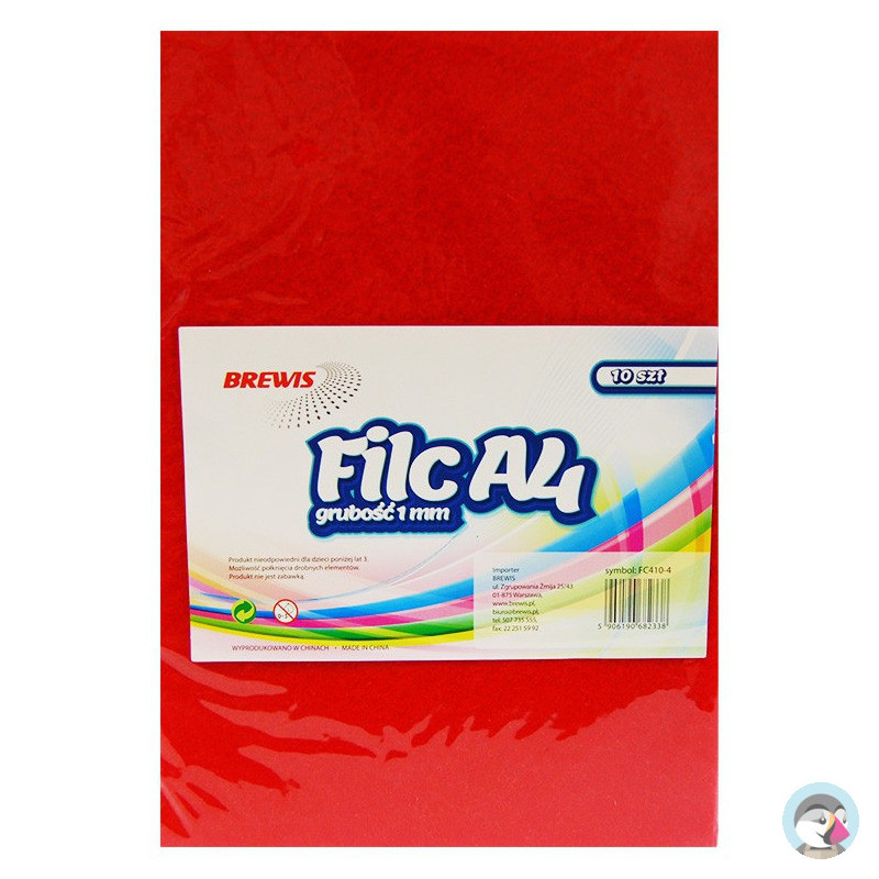 Filc czerwony A4 grubość 1mm, 10 arkuszy FC410-4 BREWIS