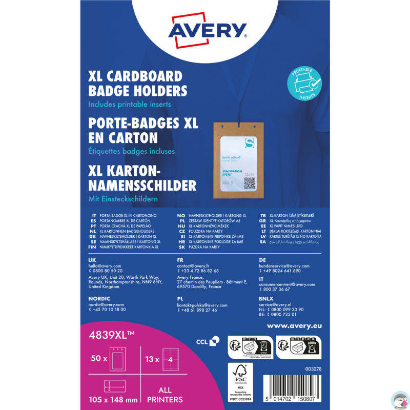 Holder na identyfikatory A6 tekturowe 105x148mm (50 sztuk+52 wkłady) 4839XL AVERY