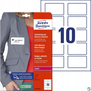 Identyfikator do zadruku 80x50mm 120g samoprzylepny biały sztuczy jedwab L4785-20 AVERY ZWECKFORM