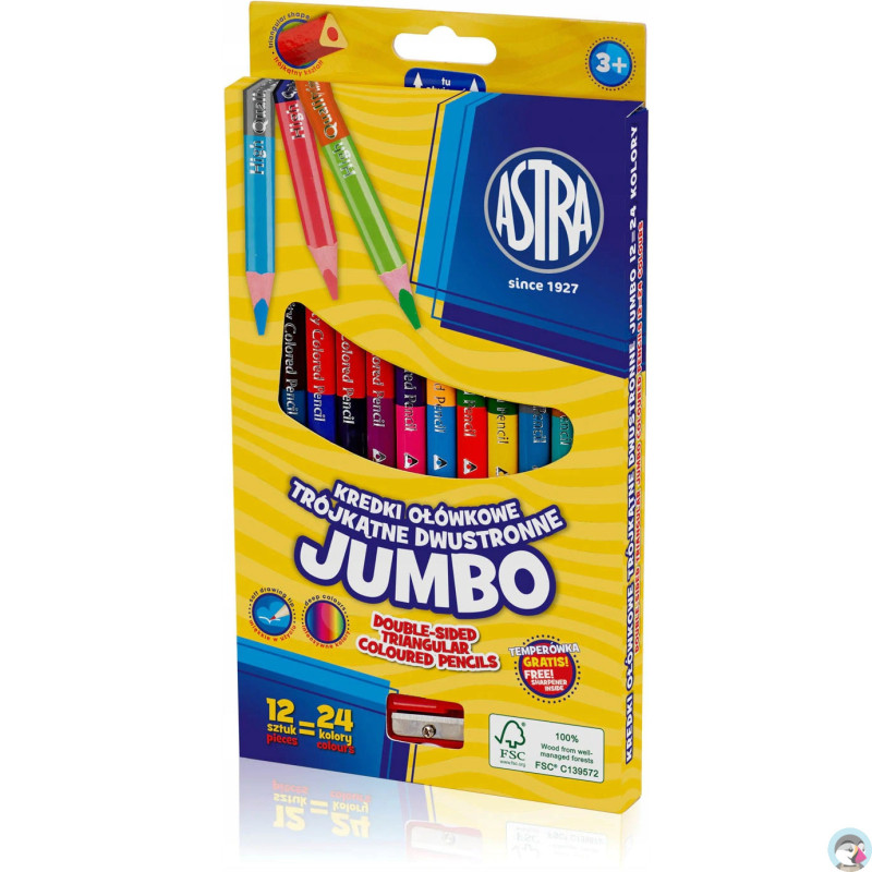 Kredki dwustronne ołówkowe JUMBO grube 12 kredek 24 kolory + temperówka 312118001 ASTRA